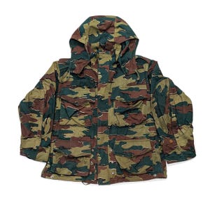 Vintage 50s Belgian Army Paratrooper Jigsaw Camo Smock Jacket with Hood