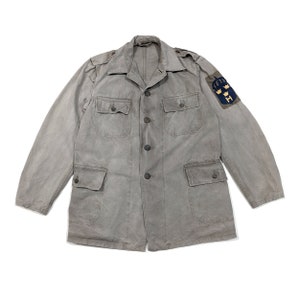 Vintage 40er Jahre schwedische Armee Canvas Stone Grey Verblasste Baumwolle Militärjacke