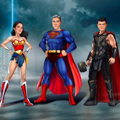 Superhero Family Portrait From Photo. Couple portrait. Birthday. Best Gift Idea For Husband. Anniversary Idea For Gift To Boyfriend.