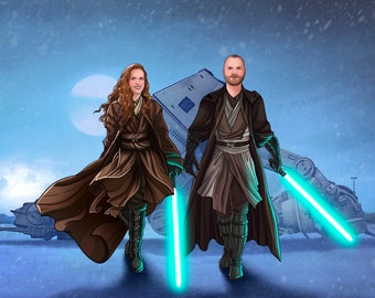 May include: Two people dressed as Jedi Knights, holding blue lightsabers, stand in front of a large, white spaceship in a snowy landscape.