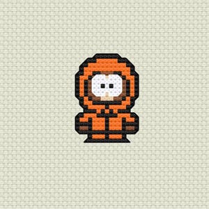 Puede incluir: Diseño de punto de cruz pixelado de un personaje de dibujos animados con una parka con capucha naranja. El personaje tiene una cara blanca con ojos negros y un contorno marrón. El fondo es de tela beige claro.