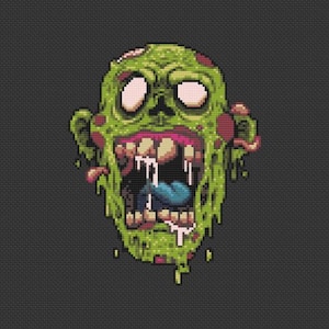 May include: Pixelated illustration of a zombie head with a green complexion, open mouth, and exposed teeth. The zombie has pink eyes, a blue tongue, and dripping saliva. The background is a dark gray, textured pattern.