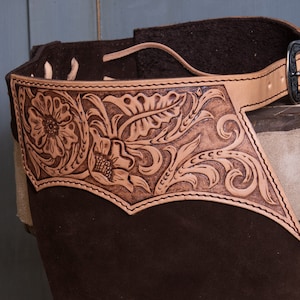 Made-to-order Handmade leather shotgun chaps with fringes and tooled details