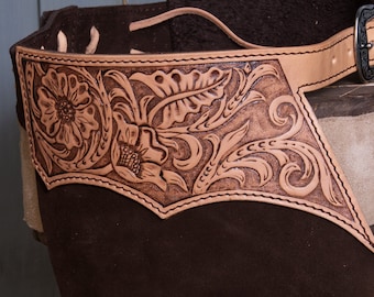 Made-to-order Handmade leather shotgun chaps with fringes and tooled details