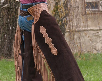 Made-to-order Handmade leather batwing chaps with fringes and you initials