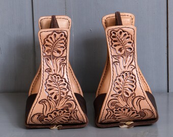 Étriers De Selle Western Oxbow - 1 1/4 Pouce - Fer Recouvert Cuir Brut - Vintage USA