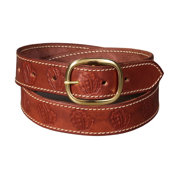 Leather belt for jeans with cactus tooling or embossing.