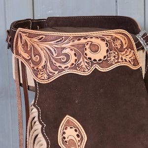 On stock - ready to ship - Handmade tooled leather chinks