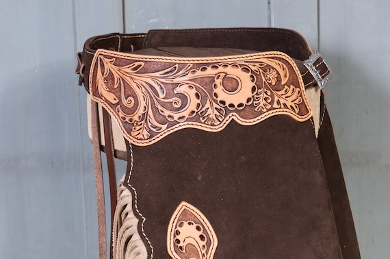 On stock - ready to ship - Handmade tooled leather chinks