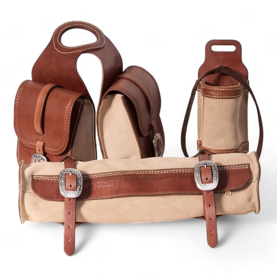 Set of Three Saddlebags for Western Saddle – Pommel Bag, Cantle Bag, and Bottle Holder - Ready to ship