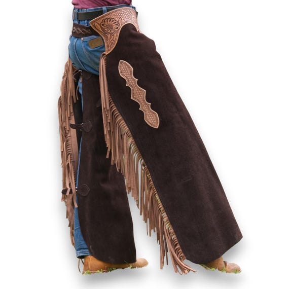 Made-to-order Handmade leather batwing chaps with fringes and you initials