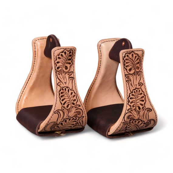 Luxury handmade tooled real wooden western stirrups 4"