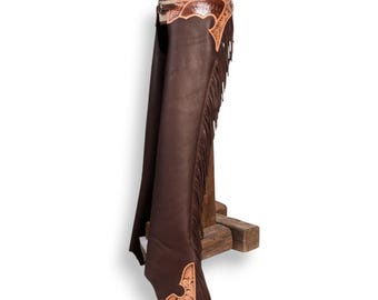 Chaps Western Show En Cuir Marron - Fait Main, Franges, Réglable (lire Description)