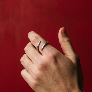 Può includere: Un anello d'argento con un design curvo unico. L'anello è indossato sull'indice di una mano.