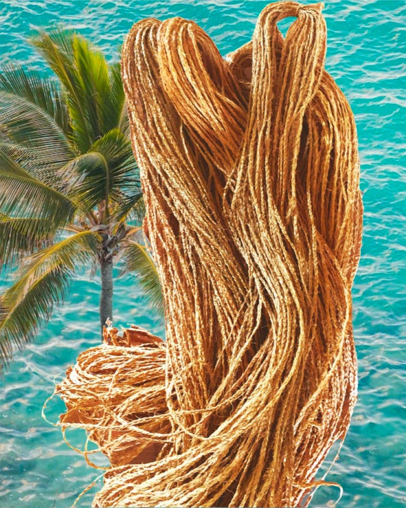 May include: A close-up of a bundle of natural brown coconut fiber rope. The rope is twisted and coiled, creating a textured and organic look. The rope is set against a backdrop of blue water, suggesting a beach or coastal setting.
