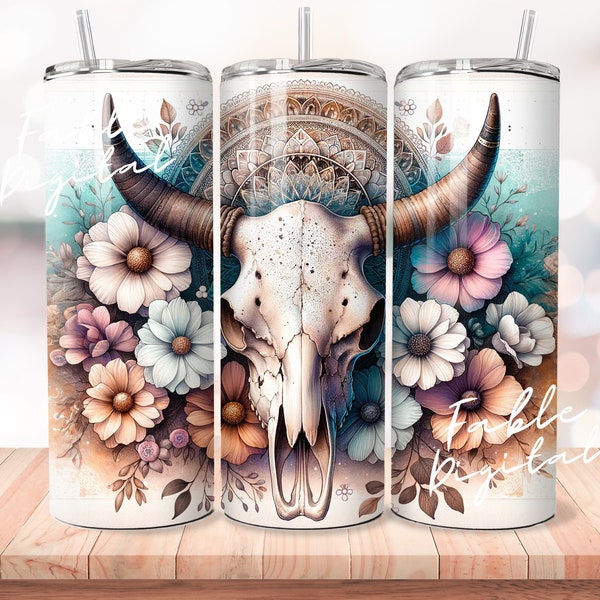 Boho Chic Bull Skull 20oz Tumbler Wrap, Rustic Floral Cow Skull Design,Western Style Tumbler, 20oz Tumbler Wrap, Boho Sublimation design,