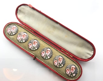 Rare antique secessionist jugendstil silver and enamel set of six buttons in their original box