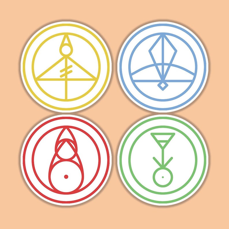 May include: Four circular stickers with white borders and various designs. The stickers feature yellow, blue, red, and green color schemes. Each design is a unique geometric symbol within a circle, with clean lines and a minimalist aesthetic.