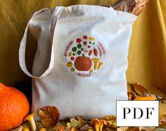 Autumn Tote Bag Embroidery - Digital Download Pdf - Market Shopping Bag