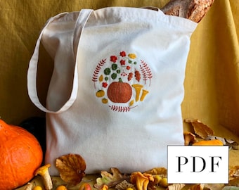 Autumn Tote Bag Embroidery - Digital Download Pdf - Market Shopping Bag