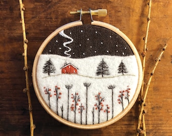 Winter Cabin Landscape Embroidery Kit: Appliqué & DMC Threads