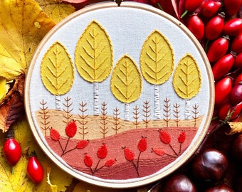 Autumn Landscape Embroidery Kit - Printed Fabric & DMC Threads