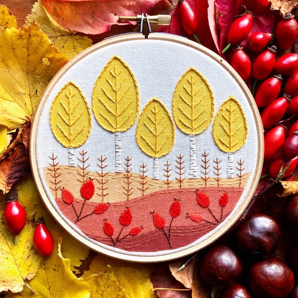 Autumn Landscape Embroidery Kit - Printed Fabric & DMC Threads