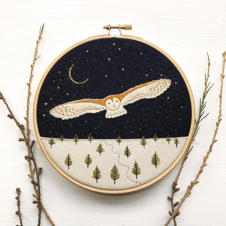 Starry Night Owl Embroidery Kit Appliqué & Embroidery Kit image 1