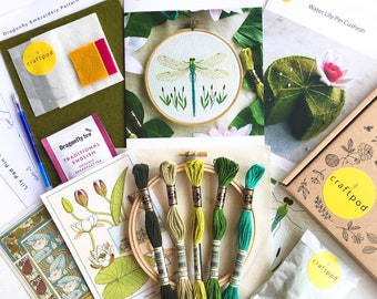 Summer Craftpod - Dragonfly Embroidery & Lily Pad Waterlily Pincushion kit - Two beautiful needlework projects