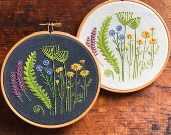 Summer Meadow Embroidery Kit: Black or Calico Fabric, 5" Hoop