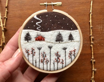 Winter Cabin Landscape Embroidery Kit: Appliqué & DMC Threads