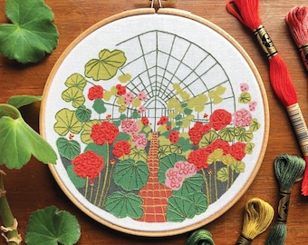 Geranium Greenhouse Embroidery Kit: Pre-Printed Calico Fabric