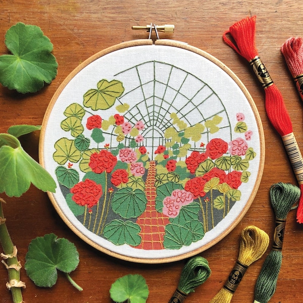 Geranium Greenhouse Embroidery Kit: Pre-Printed Calico Fabric