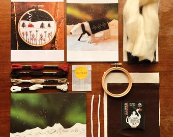 Winter Landscape and Polar Bear Kit - embroidery and stitched felt projects