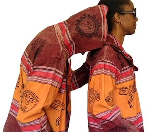 Fair Trade Burnt Orange Maroon Blockprint Cotton Stripe Shyama Zip Jacket  UNISEX J202
