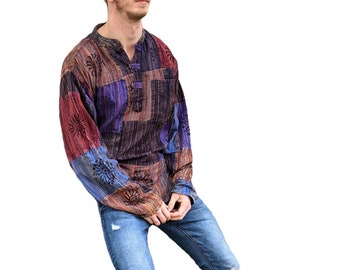 Fair Trade Purple Blockprint Overdye Patchwork Stonewash Nepali Shirt SH319