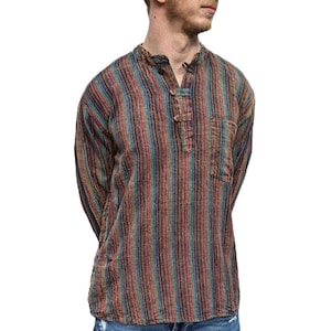 FairTrade Multi Green/Red Nepal Stripe Woven Cotton Stonewashed Long Sleeve Round Neck Shirt from S/M size up to 7XL. SH114
