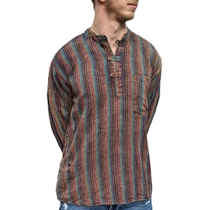 FairTrade Striped Woven Cotton Stonewashed Long Sleeve Round Neck Grandad Shirt (Available in 5 Colours) from S/M size up to 7XL. SH114