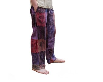 Fairtrade Patchwork  Overdye Woven Cotton Stonewashed Long Trousers can be worn 3/4 length in 2 Colours Brown or Purple P137