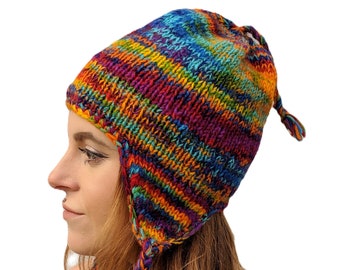 Fair Trade  "Rainbow Explosion" Wool Earflap Hat (Fleece Lined)