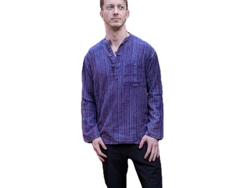 FairTrade Dark Purple Nepal Stripe Woven Cotton Stonewashed Long Sleeve Round Neck Shirt  from S/M size up to 7XL.  SH114