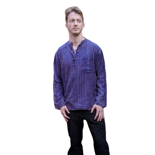 FairTrade Dark Purple Nepal Stripe Woven Cotton Stonewashed Long Sleeve Round Neck Shirt  from S/M size up to 7XL.  SH114