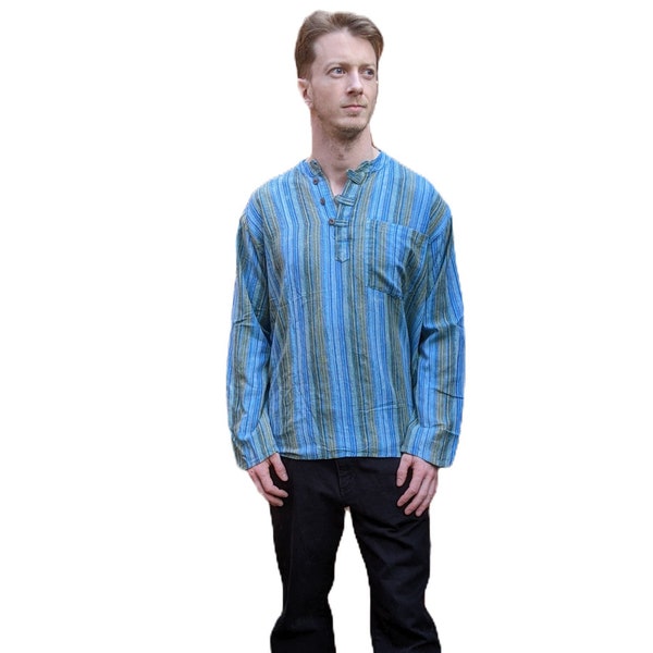 Fair Trade Turquoise Tones Nepal Stripe Woven Cotton Stonewashed Short Sleeve Round Neck Shirt Kurta  from S/M size up to 7XL. SH114