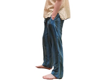 Fair Trade Side Pocket Sky Blue Stripe Woven Soft Stonewashed Nepal Cotton Trousers worn long or 3/4 length P130