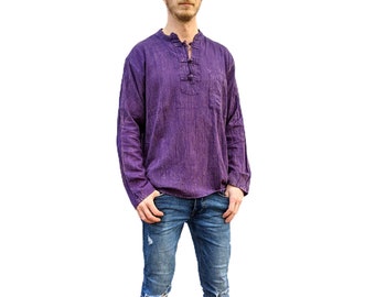 FairTrade Purple Knot Button Stonewashed Cotton Garalu Kurta Round Neck Long Sleeve Shirt SH113 up to 5XL SH113