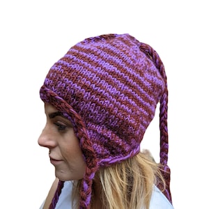 Fair Trade  Multi Purple Wool Earflap Long Tasseled Hat (Fleece Lined)
