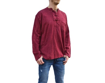 FairTrade Dark Red Knot Button Stonewashed Cotton Garalu Kurta Round Neck Long Sleeve Shirt up to 5XL SH113