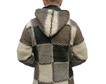 Fair-Trade Unisex Patchwork Naturwolle Jacke mit Fleece gefüttert