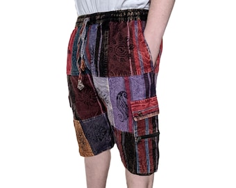 Fair Trade Heavy Cotton Denim Combat Patchwork Shorts Blockprint Stonewashed (in 4 Colours)