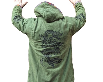Fair Trade Green Dragon Blockprint Fleece Lined Heavy Woven Cotton Zip Jacket J023-2